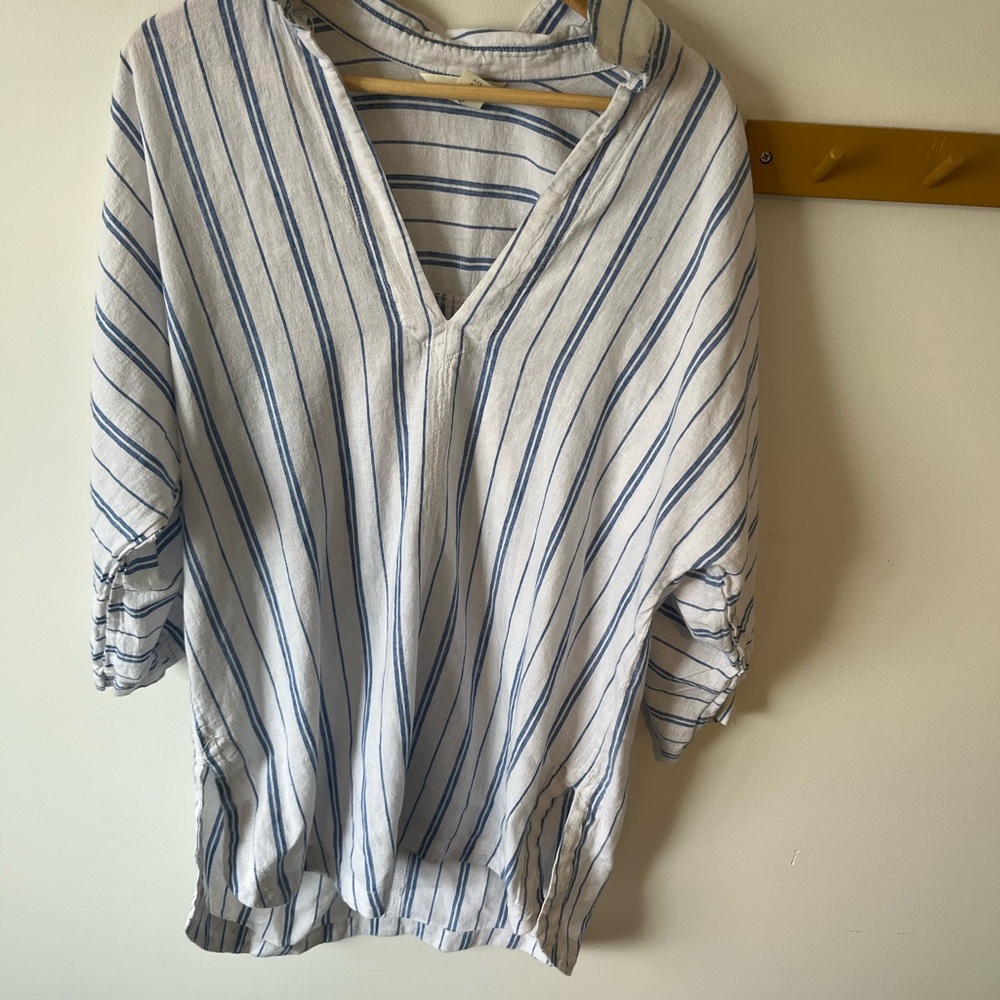 H & M Linen Cotton Blend Blue White Striped Shirt, Womens M
